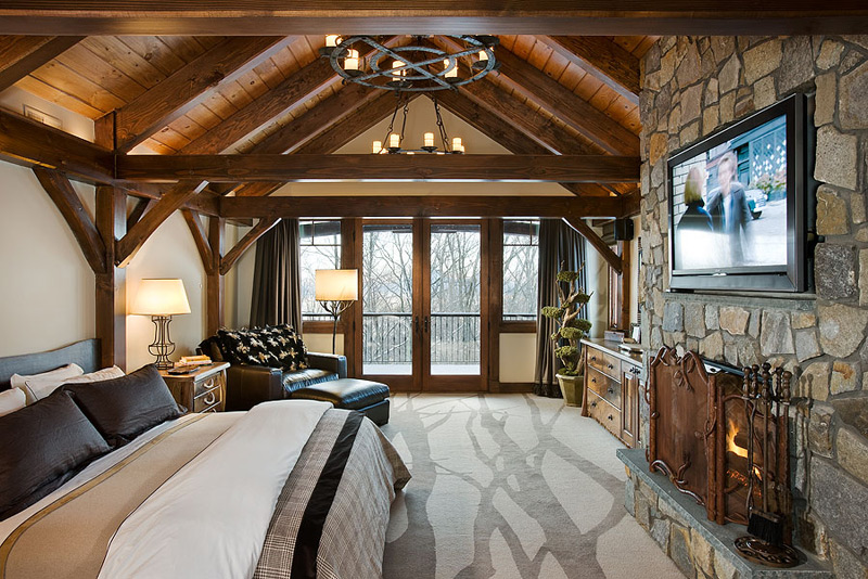 Custom Douglas Fir Timber Frame Bedroom in Windham NY by Woodhouse, The Timber Frame Company