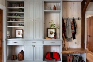 Mudroom in Timber Frame Home by Woodhouse, The Timber Frame Company