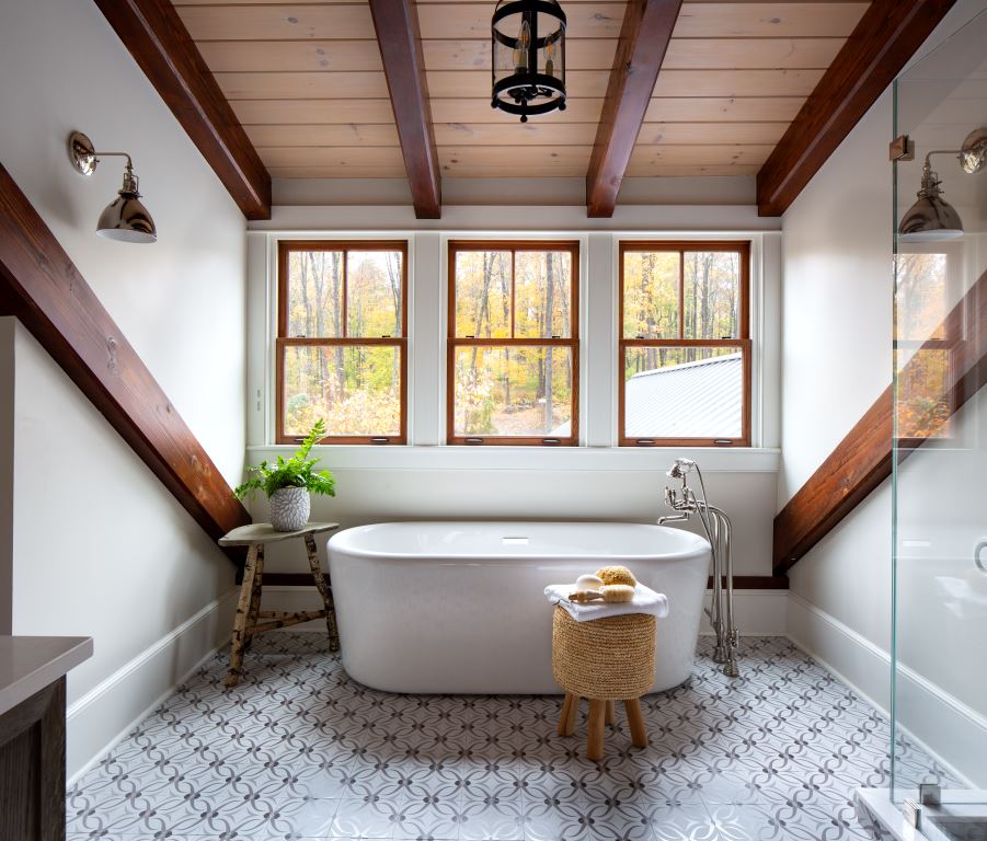 Custom Timber Frame Bathroom by Woodhouse, The Timber Frame Company