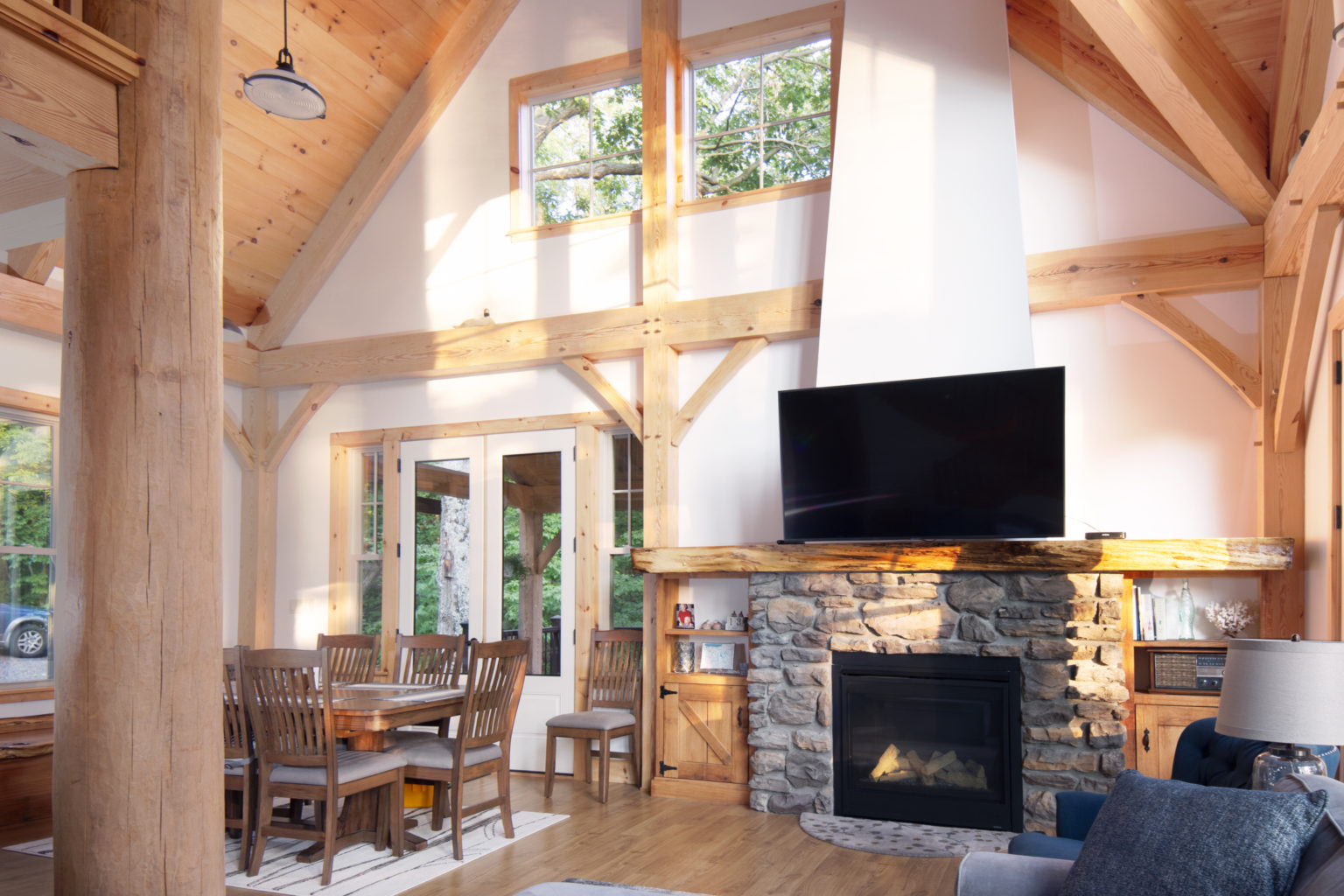 Timber Frame Home Great Room and Dining Area