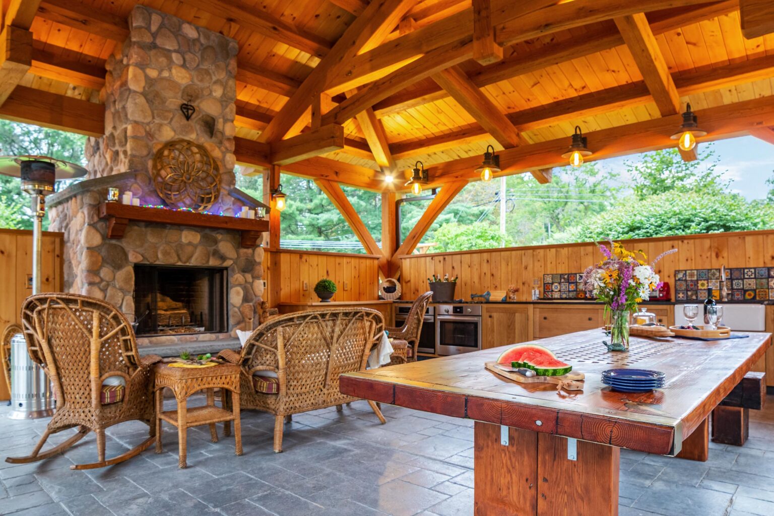 Outdoor Timber Frame Pavilion Fireplace by Woodhouse, The Timber Frame Company