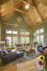 Timber Frame Lake Home in Finger Lakes NY-Great Room 1