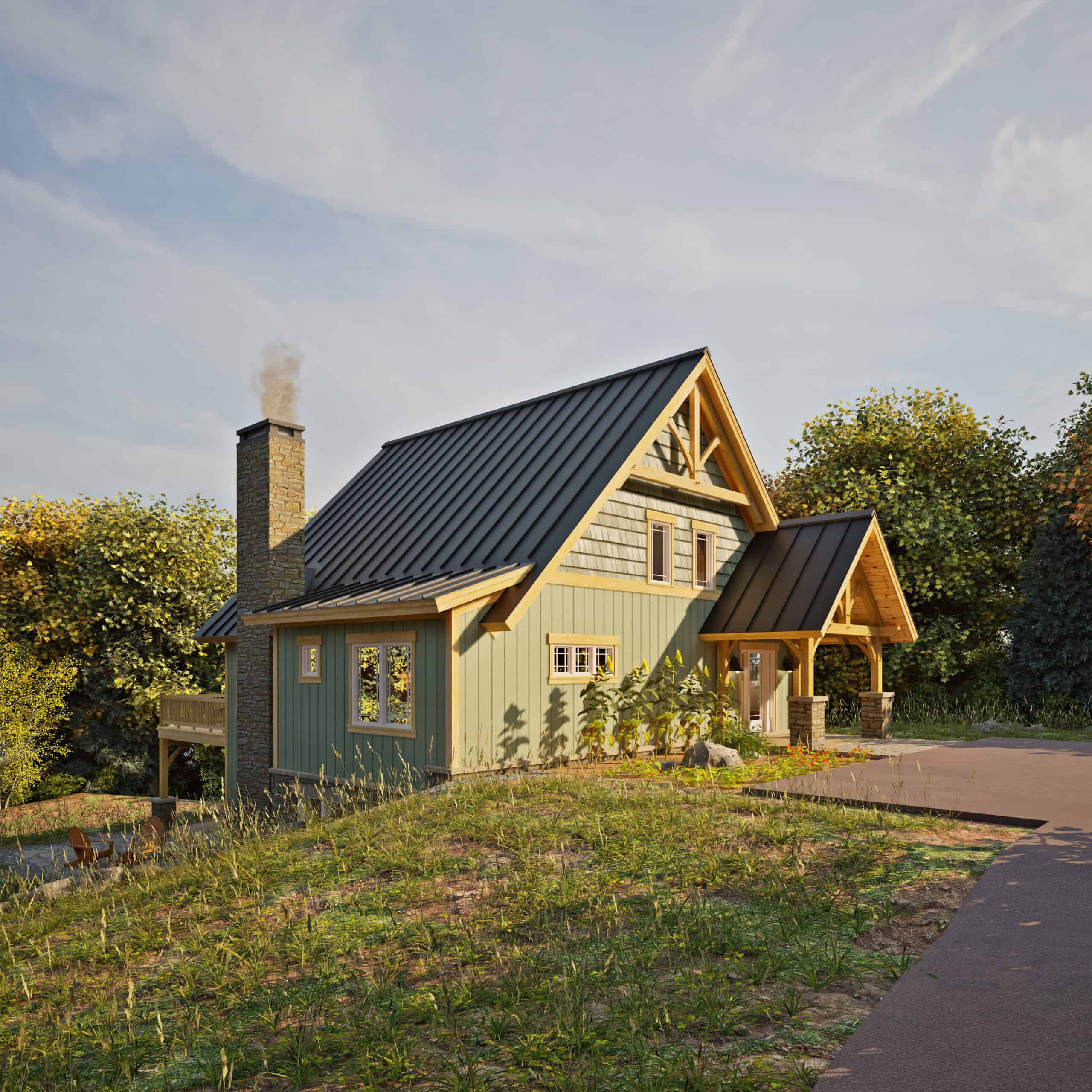 Rendering of the PineRun timber frame home with green siding, a steep metal roof, stone chimney, and covered timber entry.