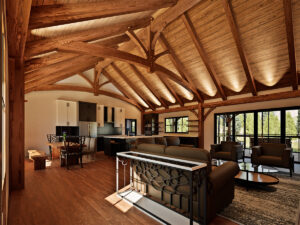 3D rendering of BigSkyEscape timber frame home design interior