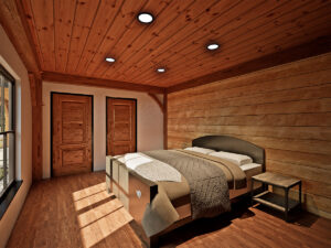 3D rendering of BigSkyEscape timber frame home design interior