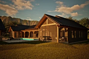 An exterior view of the BigSkyHaven floor plan, the latest addition to the Woodhouse catalog. The single-floor dwelling has slate gray walls accented with thick, wood-frame timbers.