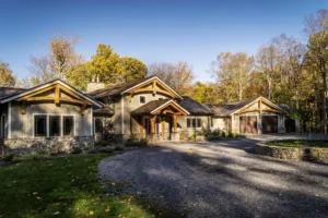 A timber frame, single story home.