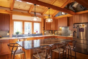 A timber frame kitchen with an island.