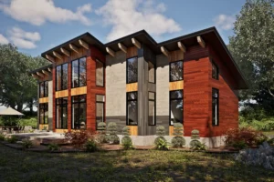 Modern timber frame home exterior featuring mixed materials, tall vertical windows, and exposed timber roof overhangs, showcasing the WaterRock V2 timber frame floor plan in a wooded setting.
