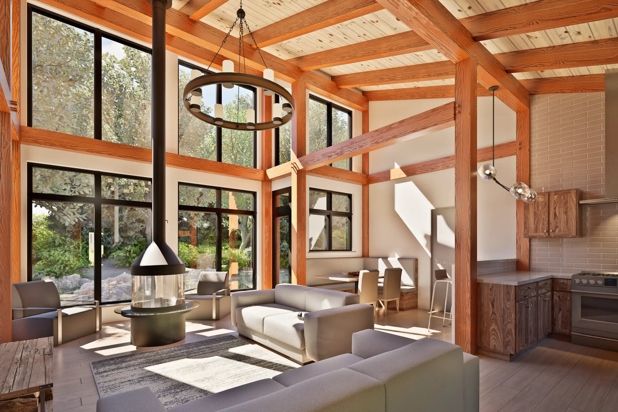 Open-concept timber frame living space with exposed beams, high ceilings, large windows, and a central 360-degree wood stove, emphasizing natural light and structure in the WaterRock V2 floor plan.