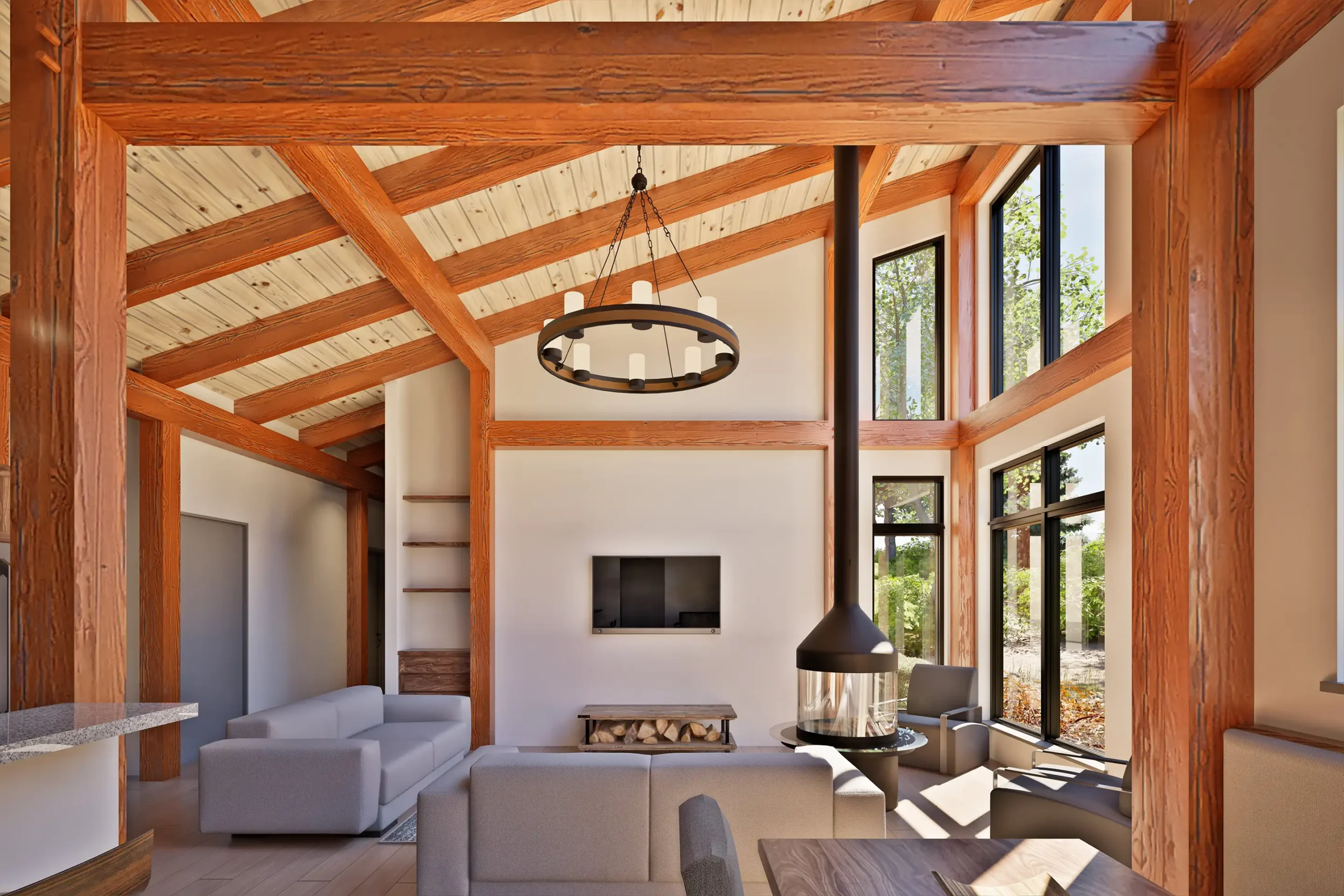 Timber frame great room with vaulted ceilings, exposed posts and beams, expansive windows, and a suspended wood stove, showcasing the architectural structure of the WaterRock V2 timber frame home.