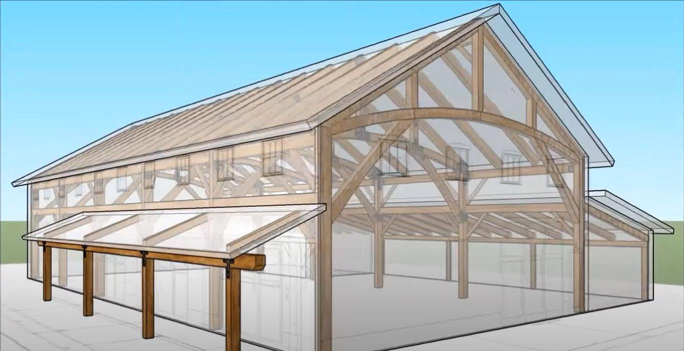 Architectural rendering of a timber frame car barn showing exposed wooden trusses, posts, and beams through a semi-transparent exterior, with a gabled roof and a lean-to overhang illustrating the internal structure and layout.