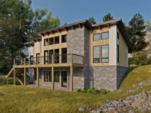 Back elevation of the CreekRock V2 1,405 square foot timber frame house featuring expansive upper-level windows, central stone chimney element, raised outdoor deck with cable railing, and walkout lower level.