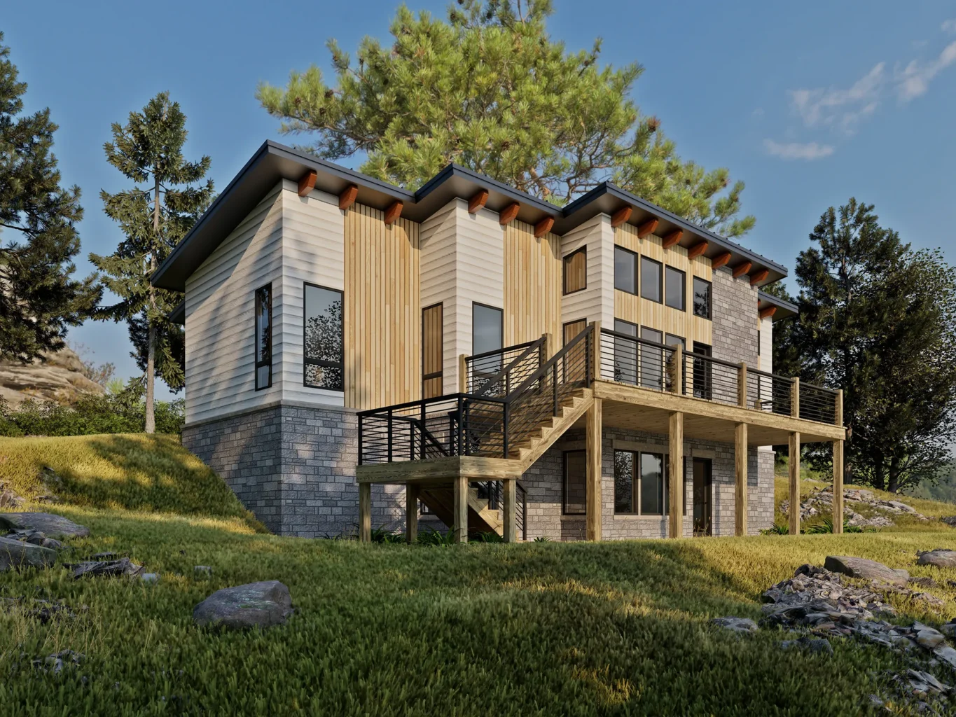 Front exterior of the CreekRock V2 mountain modern timber frame home featuring vertical wood siding, light horizontal cladding, stone foundation, large picture windows, and an elevated deck overlooking a wooded hillside landscape.