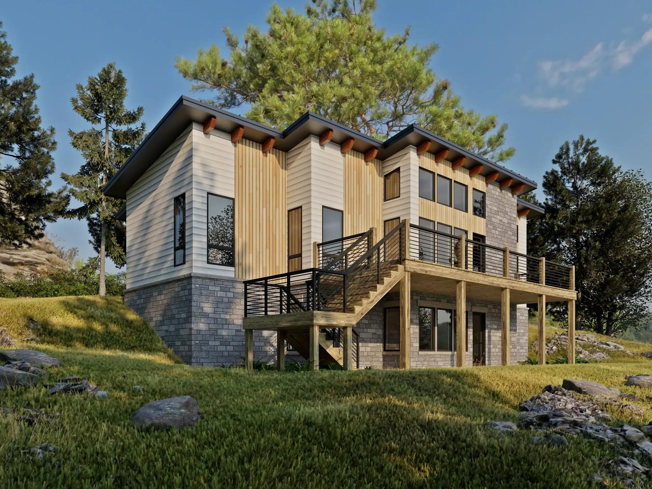 Front exterior of the CreekRock V2 mountain modern timber frame home featuring vertical wood siding, light horizontal cladding, stone foundation, large picture windows, and an elevated deck overlooking a wooded hillside landscape.