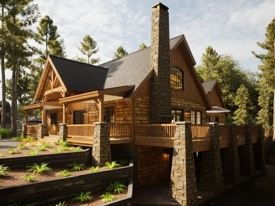 Rustic timber frame cabin with stone foundation, wood siding, and wraparound porch nestled in a wooded mountain landscape.