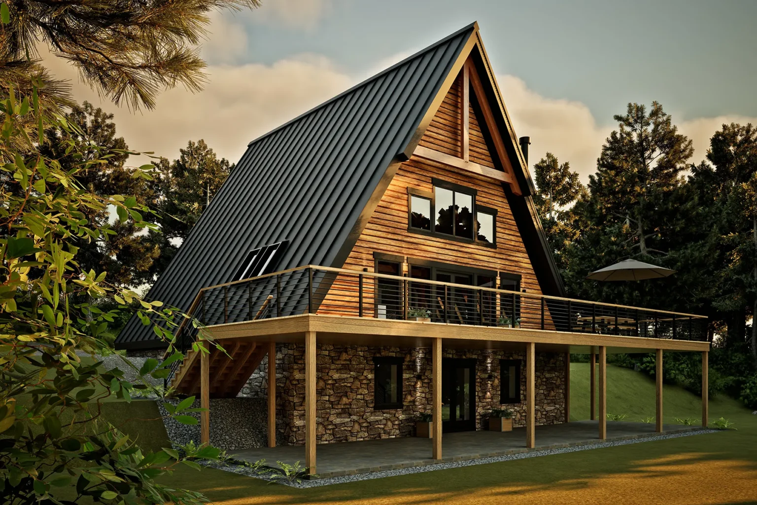 Front exterior of the AspenValley A-frame timber frame home featuring a steep gable roof, wood siding, stone lower level, and elevated wraparound deck set in a wooded landscape.