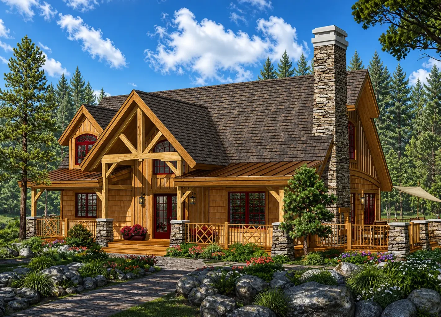 Architectural rendering of the Adirondack Cottage timber frame home with exposed wood beams, covered front porch, stone chimney, and landscaped yard in a wooded setting