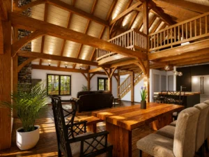 Open-concept timber frame interior with exposed wood beams, vaulted ceiling, dining table, and lofted second level in the Adirondack Cottage V2