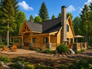 Front exterior of Adirondack Cottage V2 timber frame home with covered porch, exposed beams, stone chimney, and landscaped yard