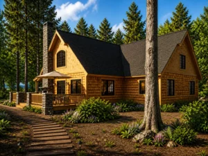 Rear exterior of Adirondack Cottage V2 timber frame home with covered deck, wood siding, stone chimney, and forested landscape
