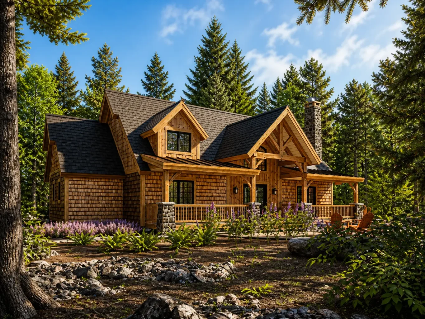 Wide exterior view of Adirondack Cottage V2 timber frame home surrounded by trees with covered porch, stone foundation, and natural landscaping