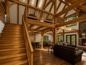 Timber frame living space with exposed beams, open loft, wooden staircase, and seating area with stone fireplace in the Adirondack Cottage V2