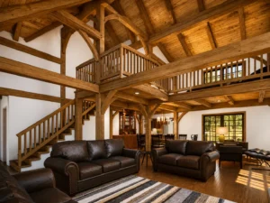 Open-concept timber frame great room with exposed beams, loft overlook, wood staircase, and living area with leather seating