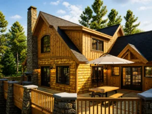 Outdoor living area of Adirondack Cottage V3 timber frame home with wood deck, seating area, railing, and forest surroundings