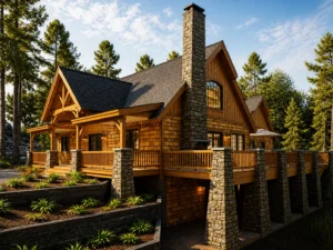 Elevated exterior view of Adirondack Cottage V3 timber frame home with wraparound deck, stone piers, chimney, and wooded landscape