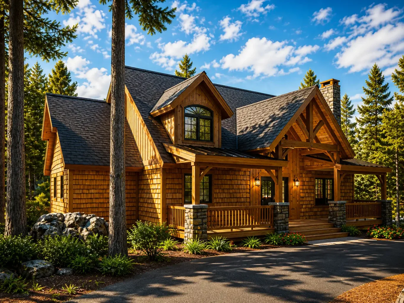 Front exterior of Adirondack Cottage V3 timber frame home viewed from driveway with covered porch, timber framing, and forest setting