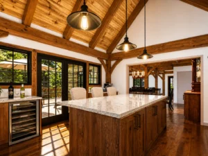 Timber frame kitchen with large island, vaulted ceiling, exposed wood beams, pendant lighting, and glass doors leading to outdoor deck
