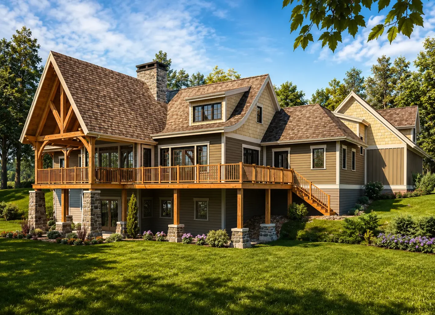 Rear exterior of the Aerie timber frame lake home with elevated outdoor living deck, exposed timber framing, expansive windows, and sloped landscape views.