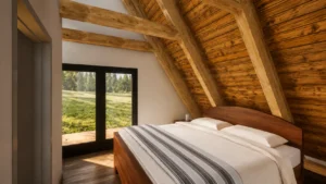 Warm timber frame A-frame bedroom with vaulted wood ceilings, exposed beams, and glass doors opening to a mountain landscape.