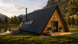 Luxury timber frame A-frame retreat beside a reflective mountain lake with panoramic alpine scenery and large outdoor deck.