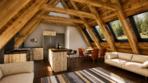 Open-concept A-frame interior with exposed timber framing, modern kitchen, dining area, and angled clerestory windows overlooking a mountain setting.