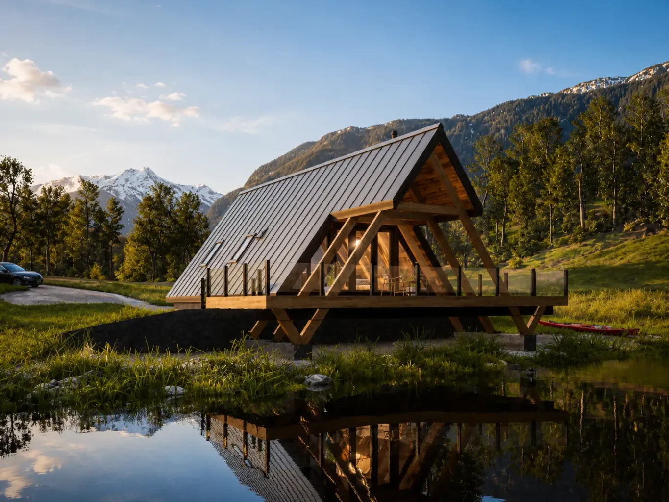 Modern timber frame A-frame cabin beside a mountain lake with black standing seam roof, expansive deck, and warm evening light.