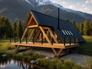 Modern timber frame A-frame home with expansive covered deck, exposed structural beams, and mountain views at golden hour.