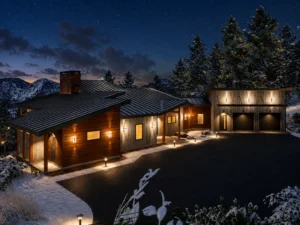 Contemporary timber frame home exterior at night with modern architecture, illuminated pathways, snow-covered landscape, and attached garage.