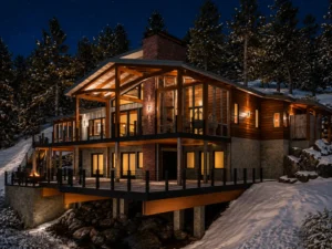 Contemporary timber frame home with expansive outdoor living deck, exposed timber framing, large windows, and snowy forest surroundings at dusk.