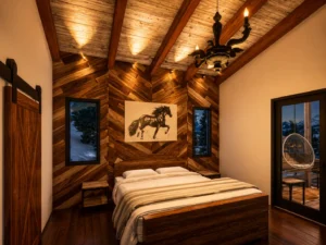 Contemporary timber frame primary bedroom with vaulted wood ceilings, exposed beams, chevron wood accent wall, and mountain-view glass door.