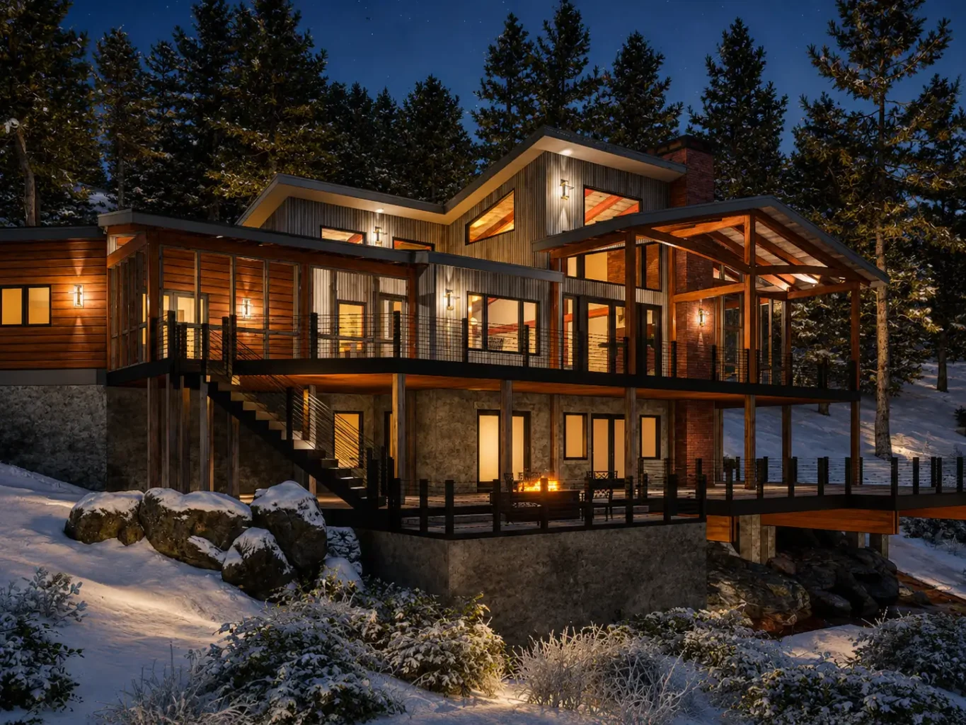Rear exterior of a contemporary timber frame home with expansive glass walls, elevated deck, exposed timber framing, and snowy mountain setting at night.