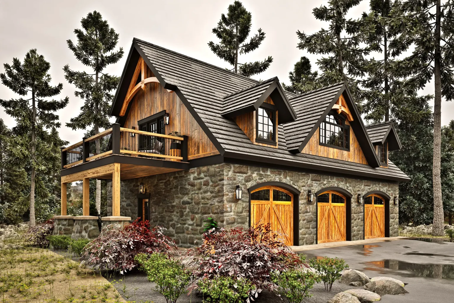 Front angle view of the Shelburne V2 carriage house with timber accents, stone exterior, carriage-style garage doors, and upper-level living space surrounded by trees.