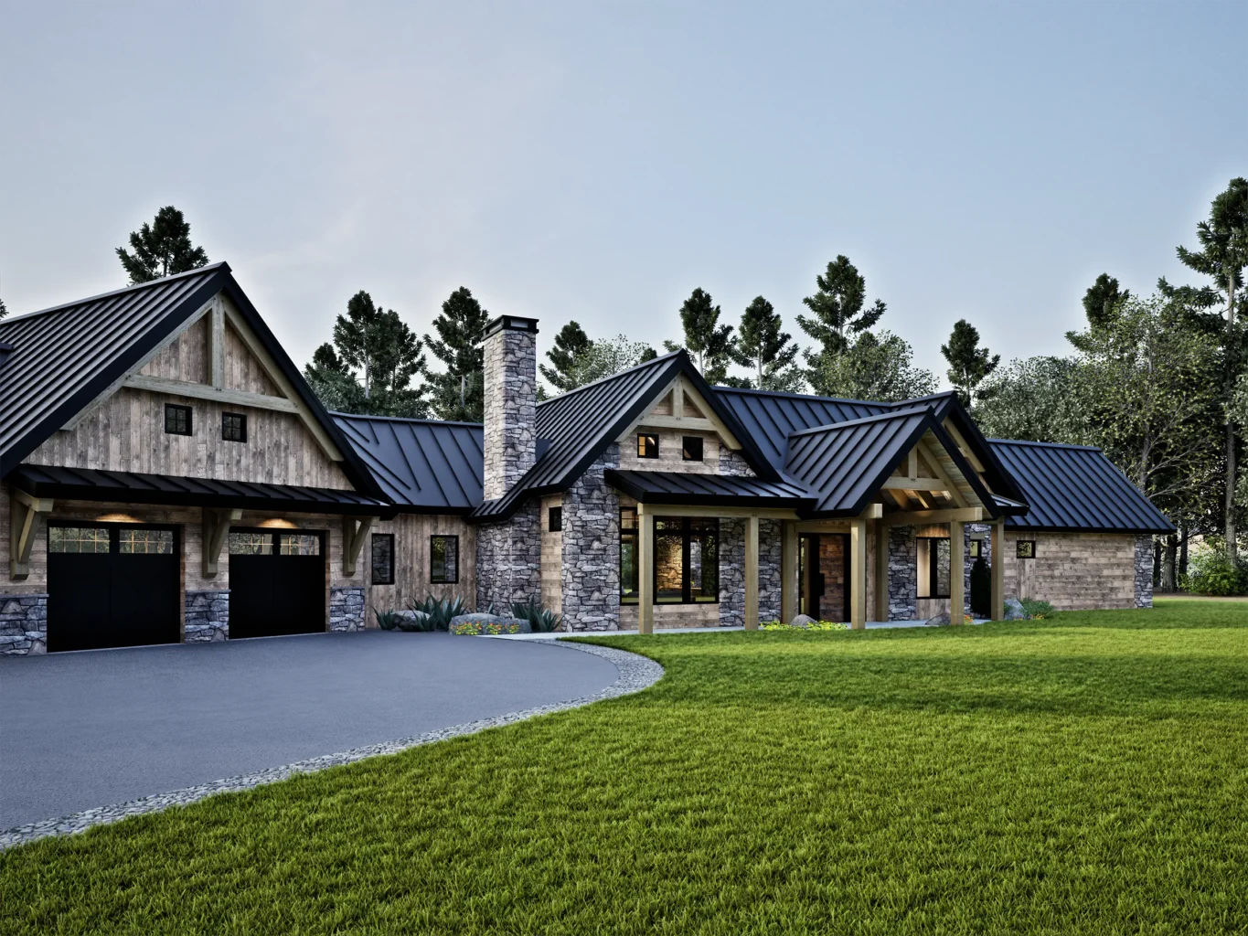Luxury timber frame mountain home with stone exterior, black metal roof, covered entry porch, and attached three-car garage surrounded by landscaped grounds.