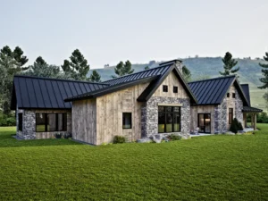 Rear view of a rustic luxury timber frame home featuring stone and wood siding, large windows, multiple gabled rooflines, and outdoor living access overlooking open landscape views.