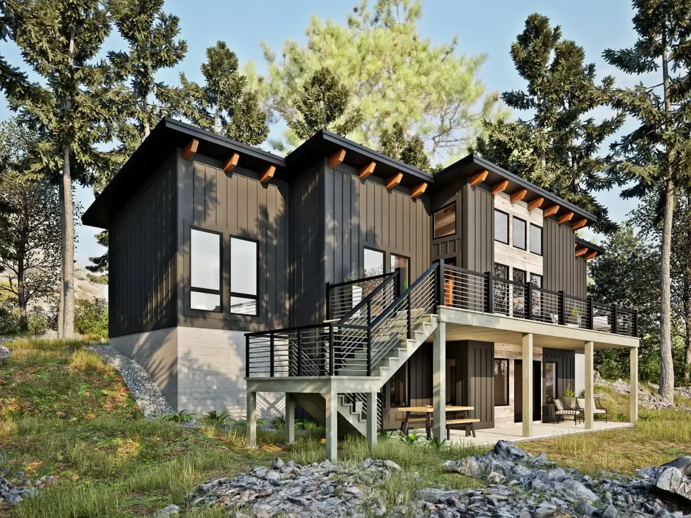 Front exterior rendering of the RiverRock V2 modern timber frame home with dark vertical siding, expansive deck, and walkout lower level on a wooded hillside.