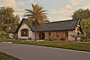 Front exterior of the Palmetto Sanctuary timber frame home with white brick, natural wood siding, black metal roofs, exposed timber accents, and tropical landscaping.