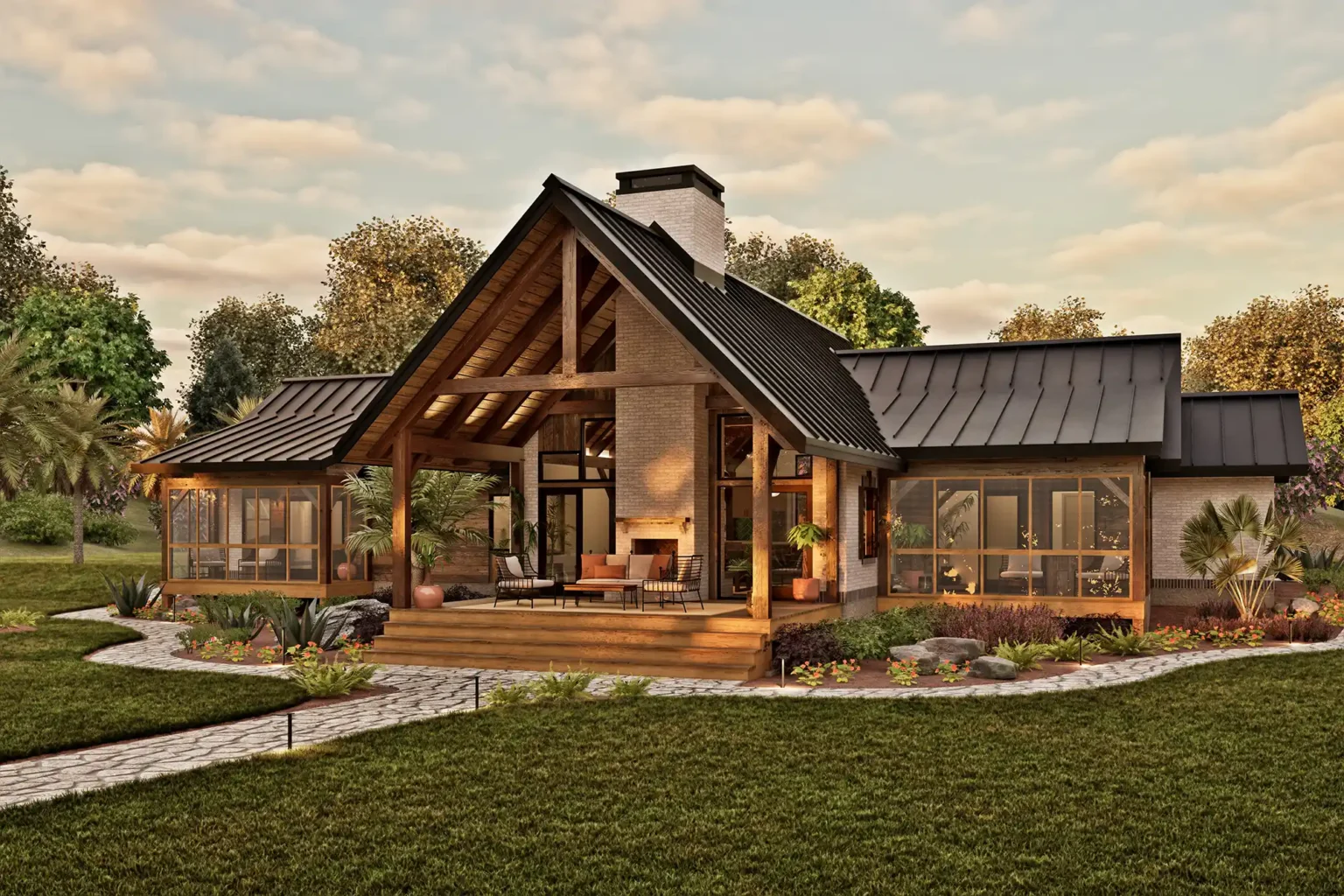 Rear exterior of the Palmetto Sanctuary timber frame home with a large covered porch, exposed timber trusses, screened porches, outdoor fireplace, and landscaped backyard.