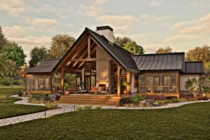 Rear exterior of the Palmetto Sanctuary timber frame home with a large covered porch, exposed timber trusses, screened porches, outdoor fireplace, and landscaped backyard.