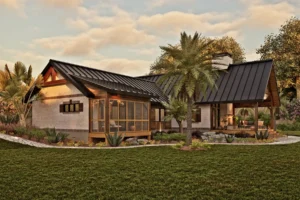 Side exterior of the Palmetto Sanctuary showing a screened porch, covered outdoor living area, white brick, wood siding, black metal roofing, and tropical landscaping.
